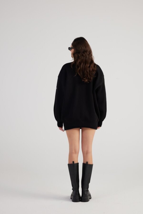 Alexa Black Oversize Bomber Jacket with Removable Rose Accessory - Image 2