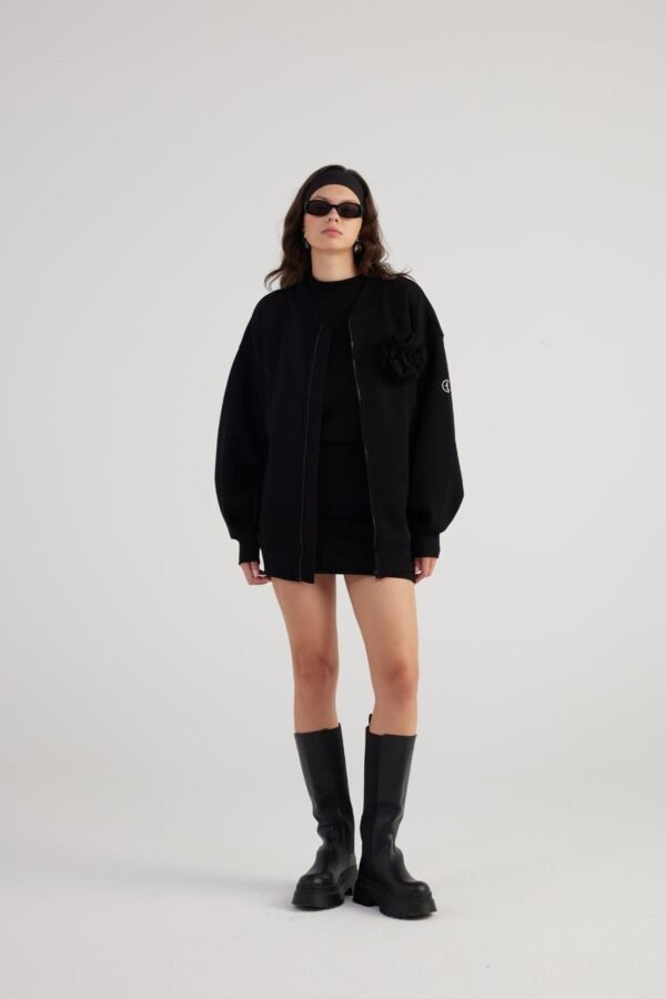 Alexa Black Oversize Bomber Jacket with Removable Rose Accessory - Image 3