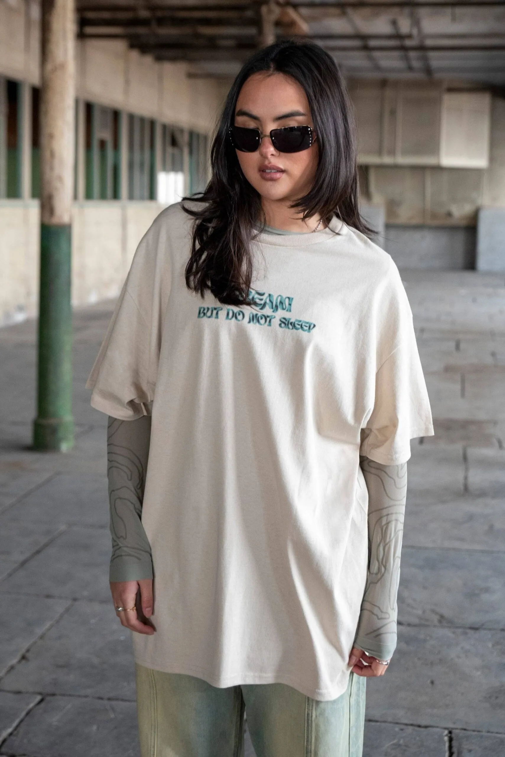 Short Sleeved T-Shirt in Sand With Cursive Logo Print