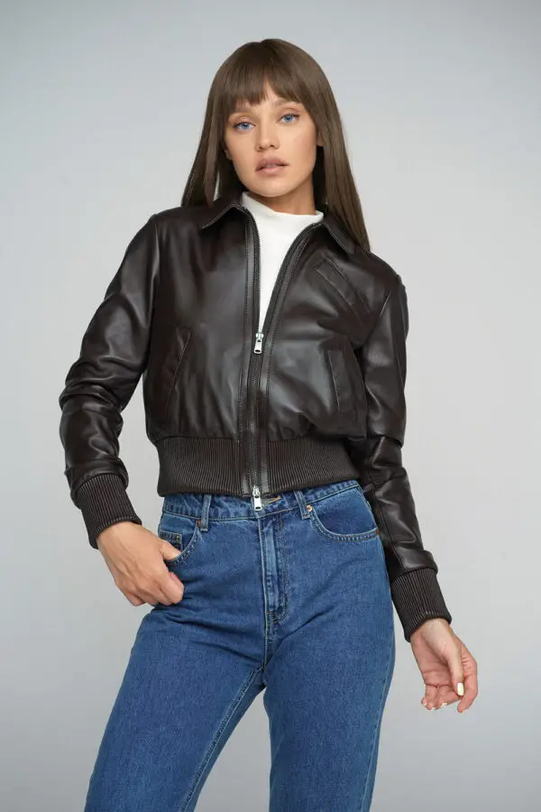 Brown Genuine Sheepskin Cropped Jacket - Image 3