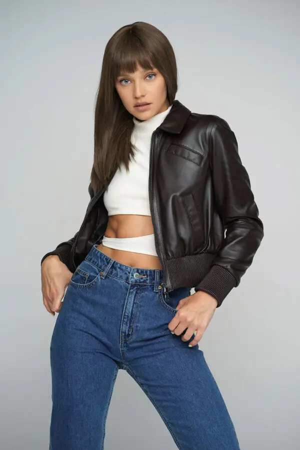 Brown Genuine Sheepskin Cropped Jacket - Image 5