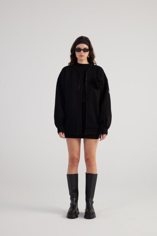 Alexa Black Oversize Bomber Jacket with Removable Rose Accessory - Image 4