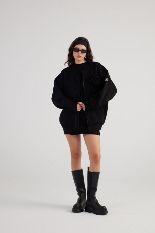 Alexa Black Oversize Bomber Jacket with Removable Rose Accessory - Image 5