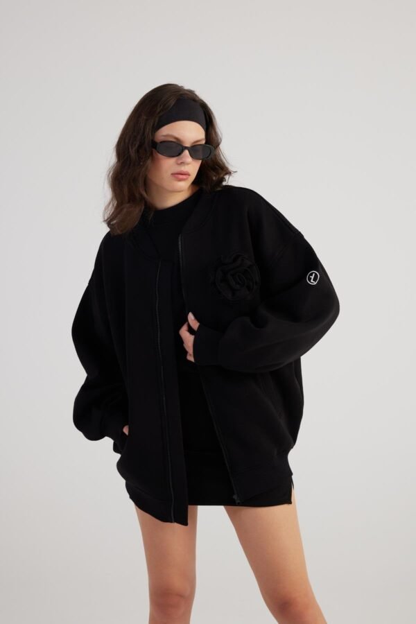 Alexa Black Oversize Bomber Jacket with Removable Rose Accessory - Image 7